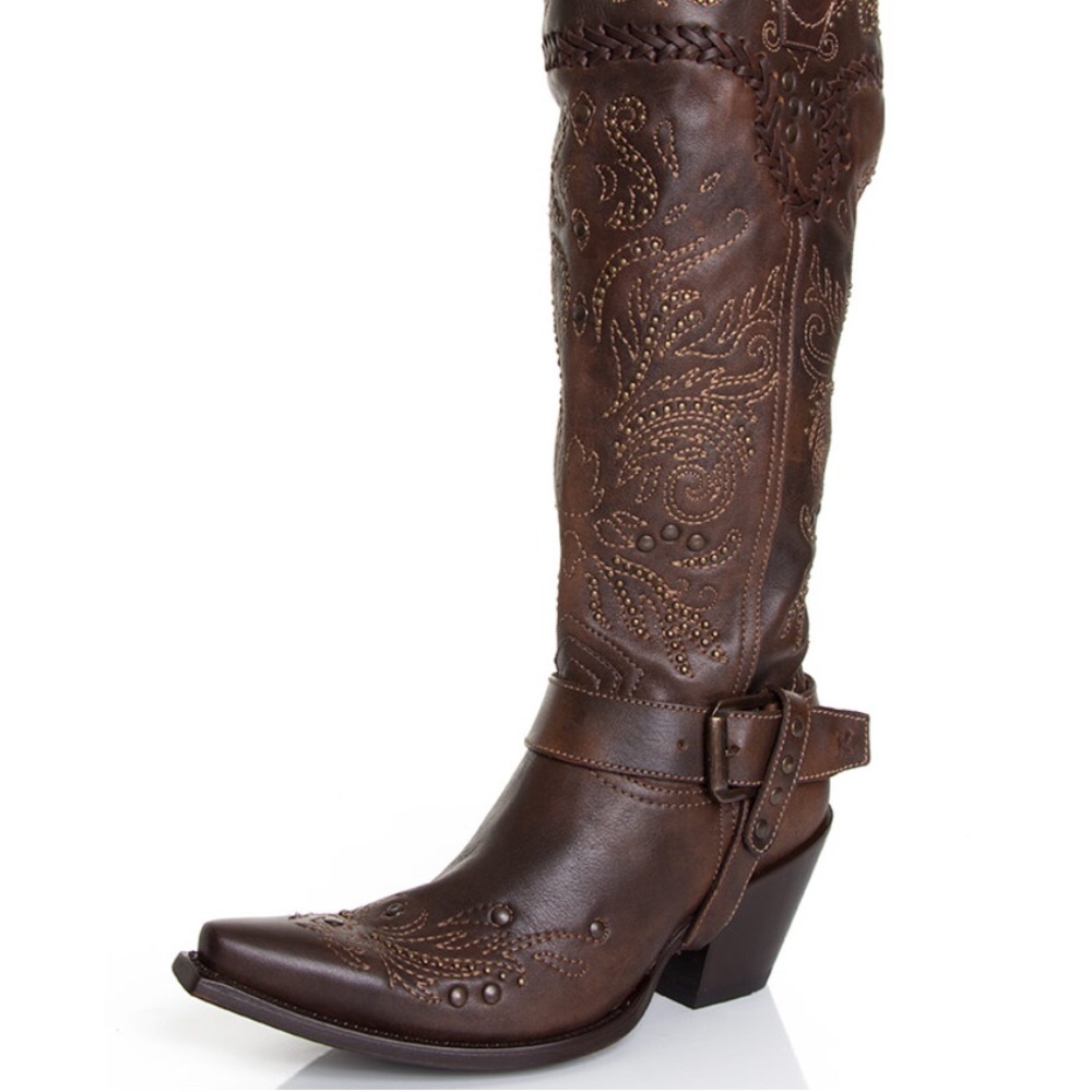 Corral Brown Whip Stitch & Stud Tall Top Boots